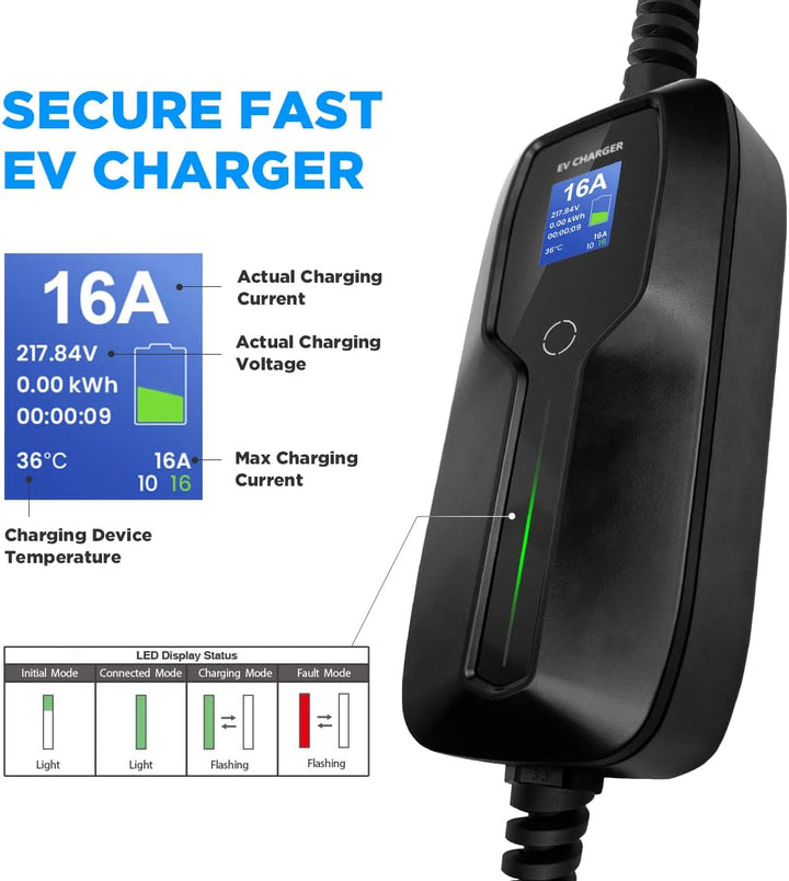 Morec Typ1 Tragbares EV Ladekabel Schaltbare Ladebox 10/16A Ladegerät mit Bildschirm Schuko 2 Pin EV