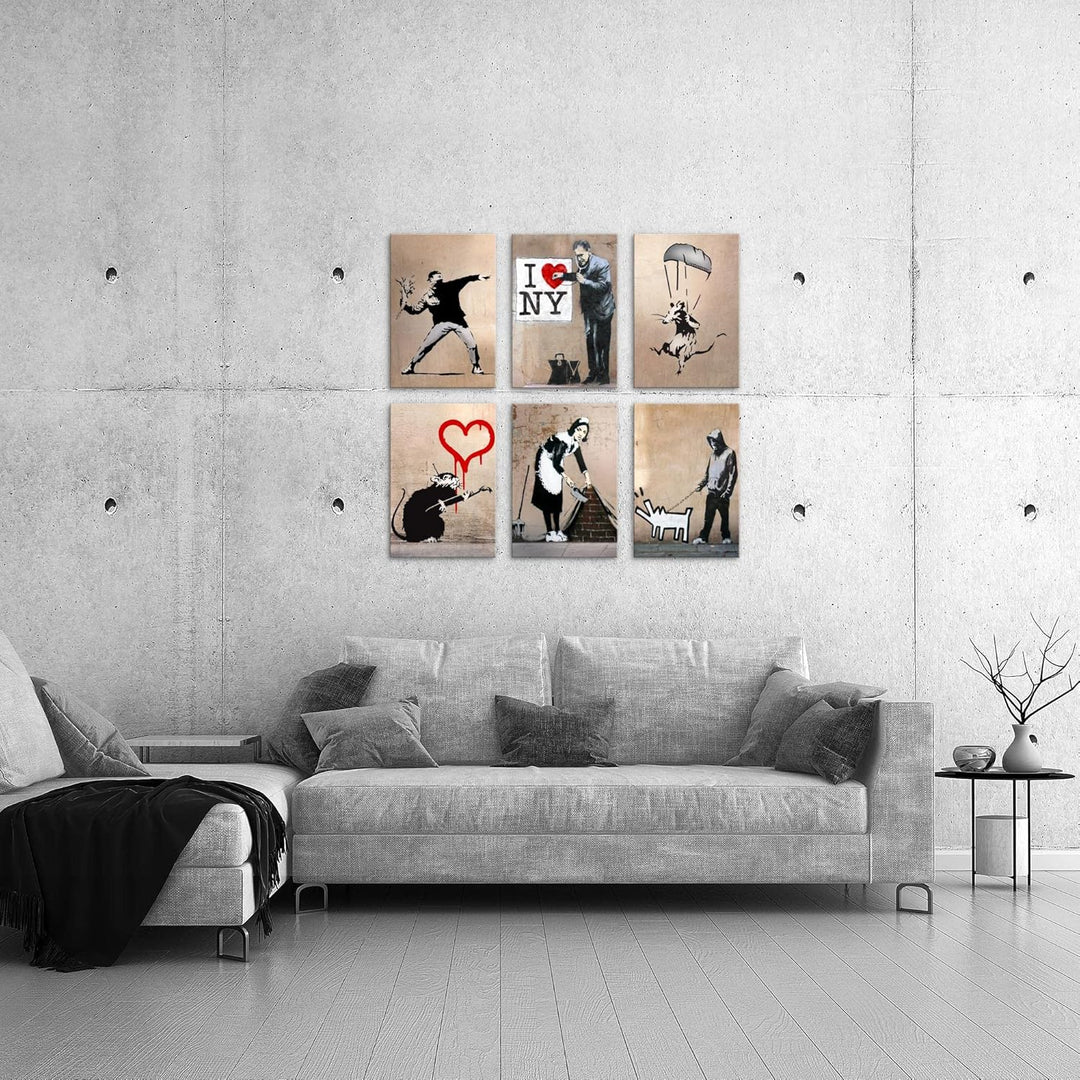 Novart Wandbilder Set Banksy Collage - KOMPLETT AUFHÄNGFERTIG - Made in Germany - Moderne Bilder Woh