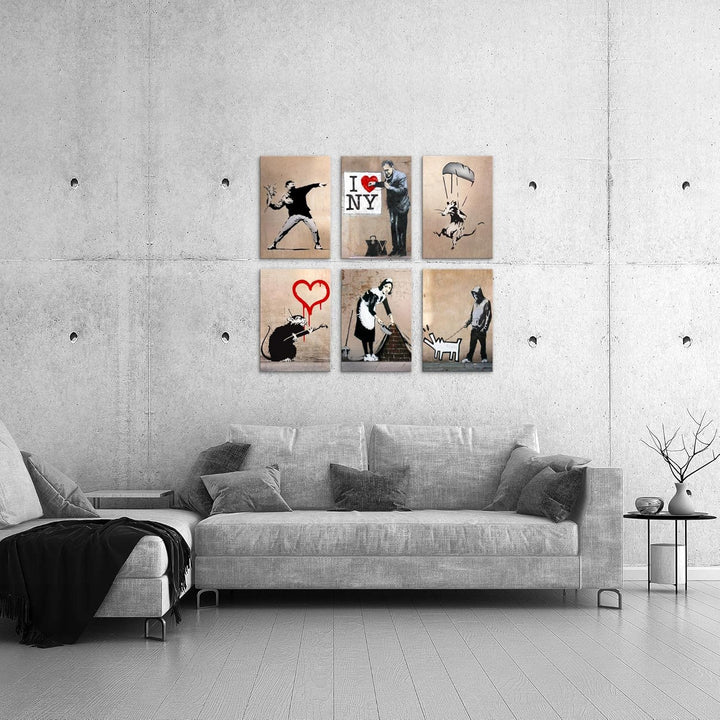 Novart Wandbilder Set Banksy Collage - KOMPLETT AUFHÄNGFERTIG - Made in Germany - Moderne Bilder Woh