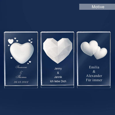 LOOXIS Personalisierte 3D Herz-Gravur im Glas – versch. Motive, Namen, Wunsch-Text – Geschenk-Idee z