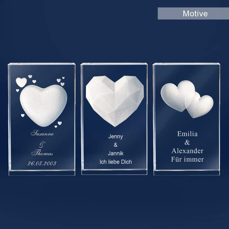 LOOXIS Personalisierte 3D Herz-Gravur im Glas – versch. Motive, Namen, Wunsch-Text – Geschenk-Idee z