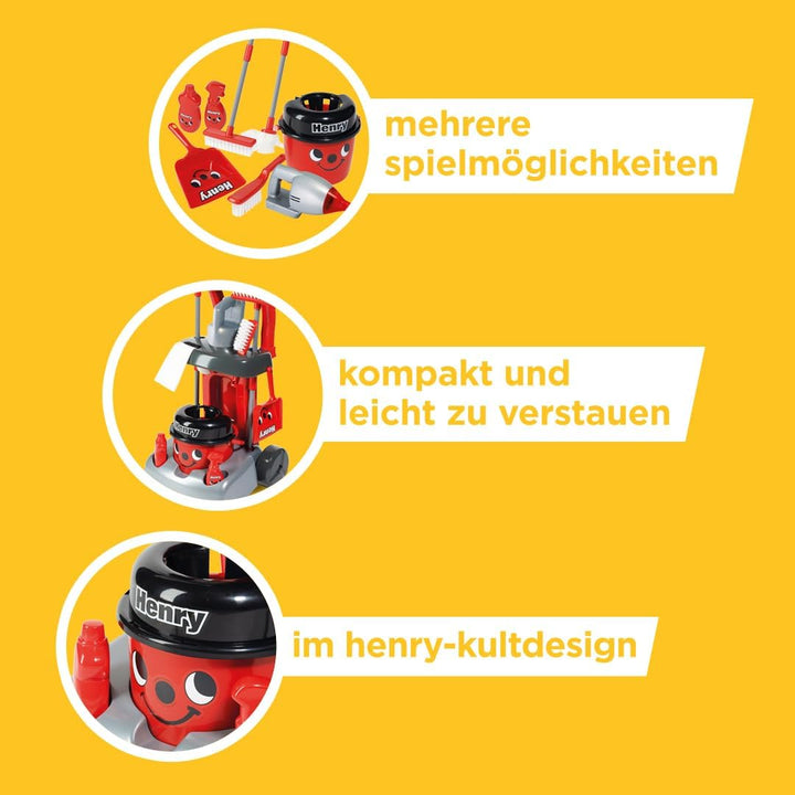 Casdon Henry & Hetty Spielzeug. Henry Deluxe Putzwagen. Rotes Spielset im Henry Design mit funktioni