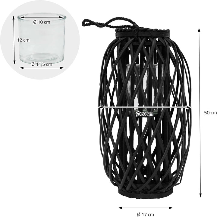 ECD Germany Laterne Ried 50 x Ø28 cm mit Henkel, Schwarz, Seilfaser, Flechtoptik, Rattan Windlicht m