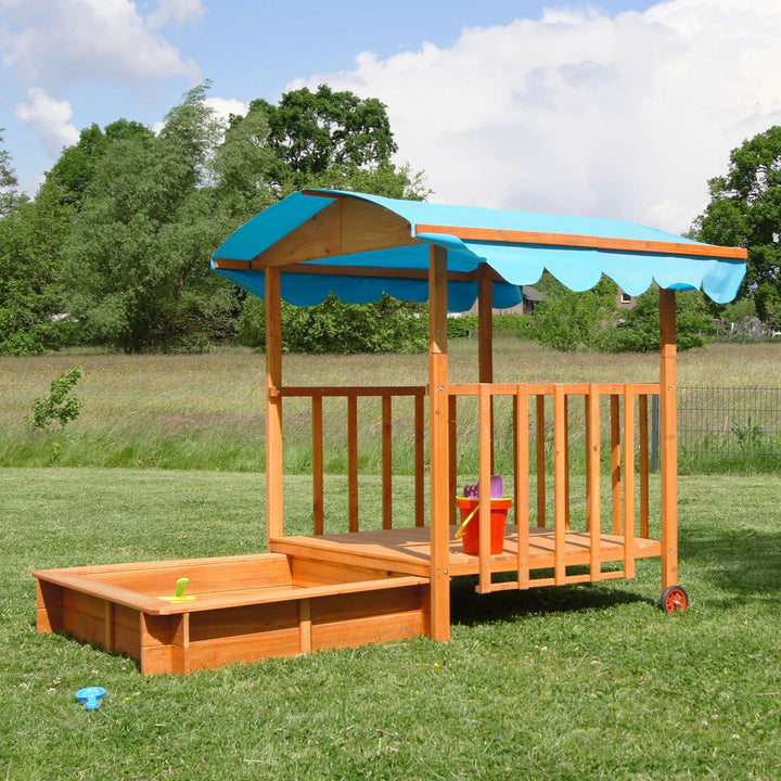 Sandkasten aus Holz Boot Segelschiff Priantenschiff Sandkiste Sandbox mit roter Flagge, Abdeckung, V