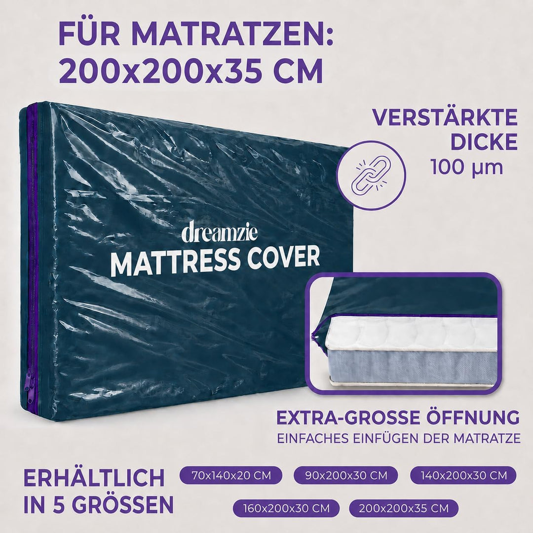 Dreamzie Matratzenhülle 200x200 cm (Dicke 35cm) Blickdicht aus Kunststoff, reissfestes Material, Mat