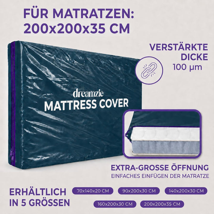 Dreamzie Matratzenhülle 200x200 cm (Dicke 35cm) Blickdicht aus Kunststoff, reissfestes Material, Mat