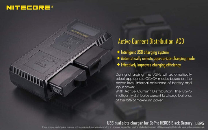 Nitecore UGP5 Dubbele Lader voor GoPro Hero5/Hero6/Hero7 Accu + Indicator + USB