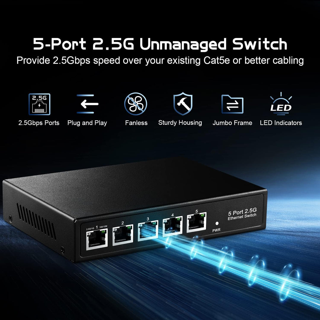 Binardat 5 Port 2.5G Switch, 5 x 2.5 Gigabit RJ-45 Base-T Ports, Unmanaged Multi-Gigabit Desktop Eth