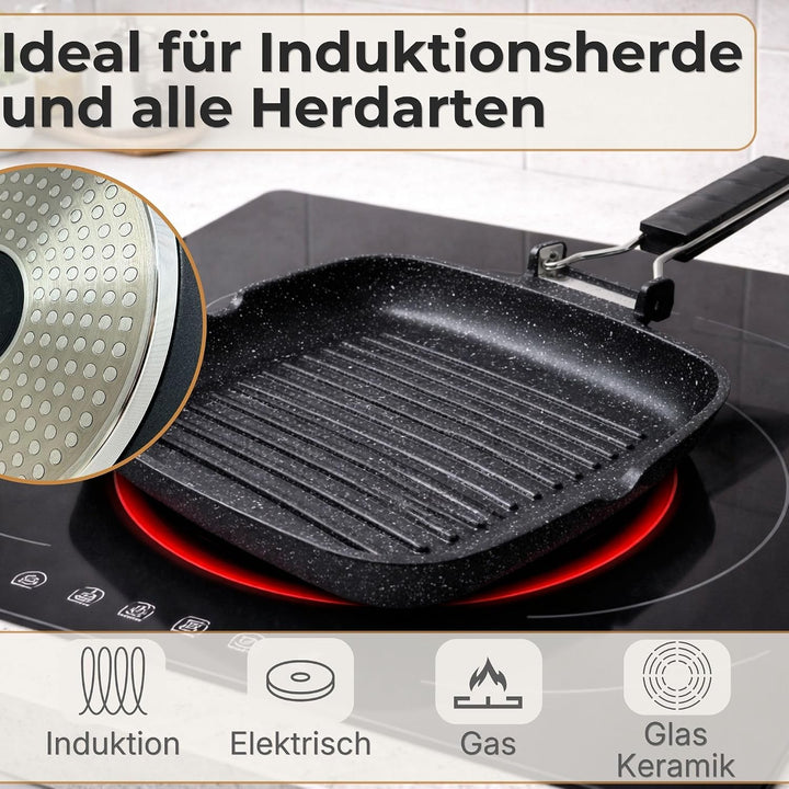 NAMAI - Grillpfanne Induktion 24 CM x 24 CM, Antihaftbeschichtung, Aluminiumdruckguss, Spülmaschinen
