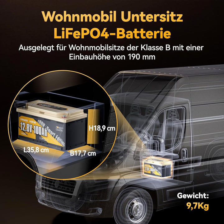 Power Queen LiFePO4 12V 100Ah H190 Bluetooth Lithium Batterie, niedertemperaturgeschützt mit 100A BM