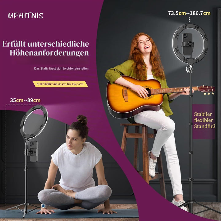 UPhitnis 12 Zoll Ringlicht mit Stativ Handy, Ringlicht mit 63 Zoll Stativ Selfie Ringleuchte mit 3 F