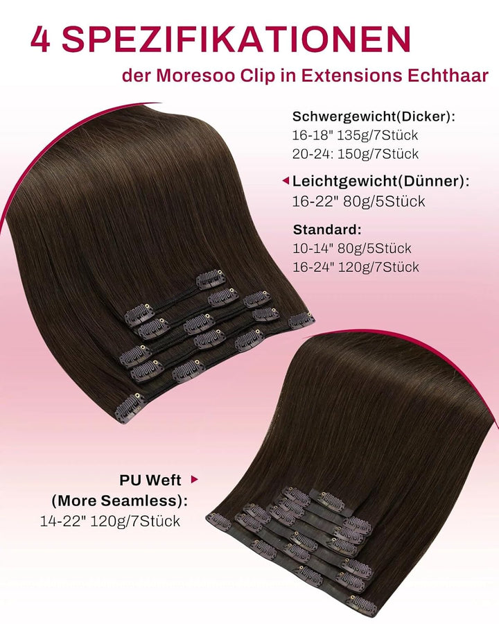 Moresoo Haarverlängerung Echthaar Clip in Extensions Echthaar Dunkelbraun Menschliches Haar Remy Cli