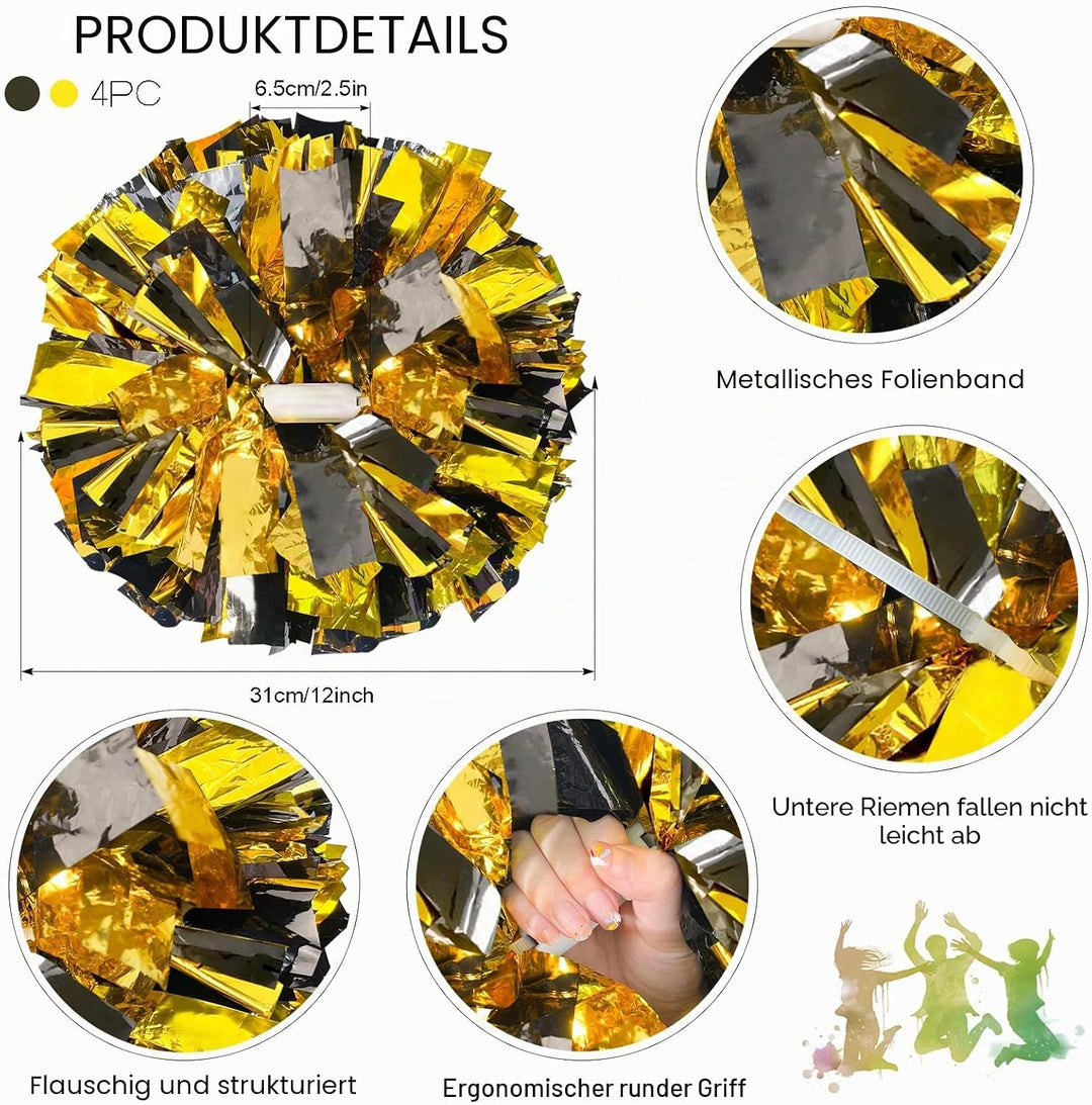 4 Stück verbesserte 30,5 cm metallische Cheerleader-Pompons, HOLENGS Cheerleader-Pompons für Kinder