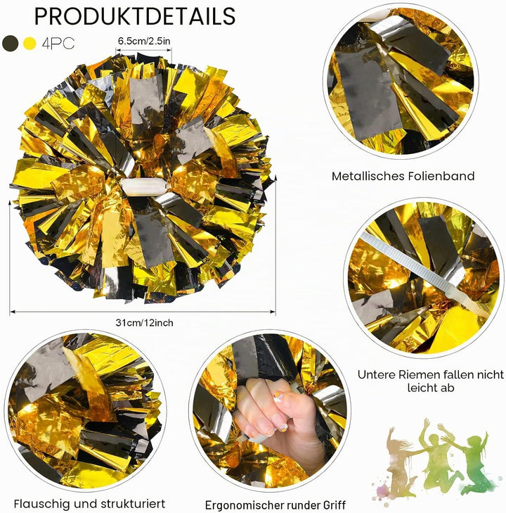 4 Stück verbesserte 30,5 cm metallische Cheerleader-Pompons, HOLENGS Cheerleader-Pompons für Kinder
