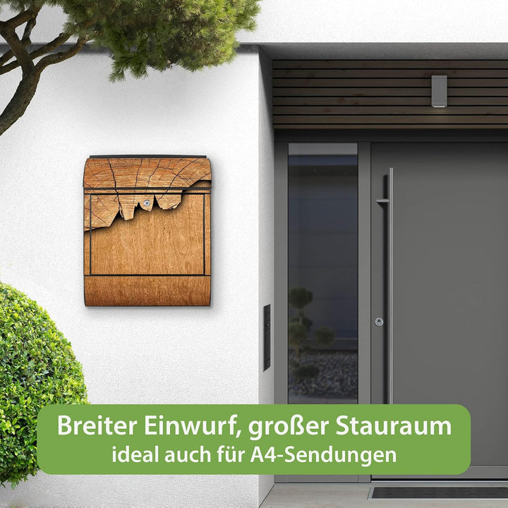 banjado® Design Briefkasten mit Motiv Holz 39x47x14cm &amp; 2 Schlüssel - Briefkasten Stahl schwarz mit