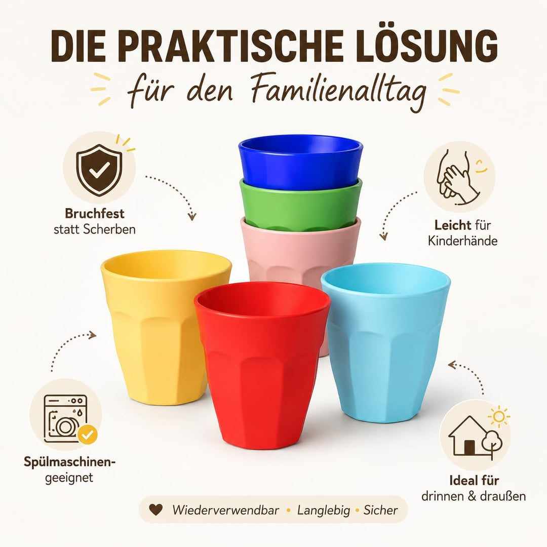 ReWu Melamin Becher 6er Set bunt, 250 ml | BPA-frei, robust, leicht Becher Set, Becher Set