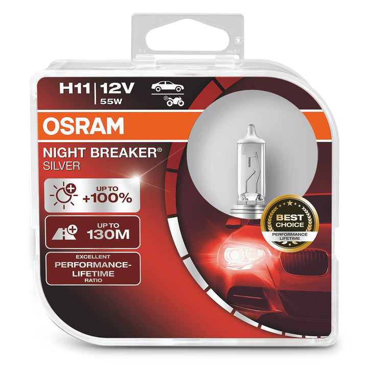 Osram Night Breaker Silver H11, +100% mehr Helligkeit, Halogen-Scheinwerferlampe, 64211NBS-HCB, 12V