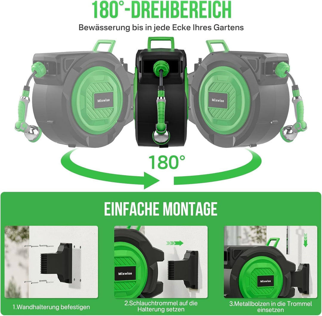 Schlauchtrommel,Wand-Schlauchbox RollUp 1/2'' x 30+2m mit 180° Schwenkbarer, 10-fach Verstellbarer D