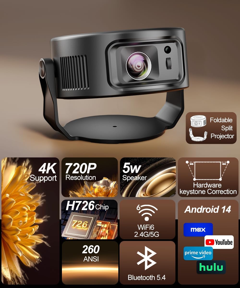 Magcubic Mini Beamer 4K, 360°+35° Foldable Split Projector, 260 ANSI Wi-Fi 6 und Bluetooth 5.4, Auto