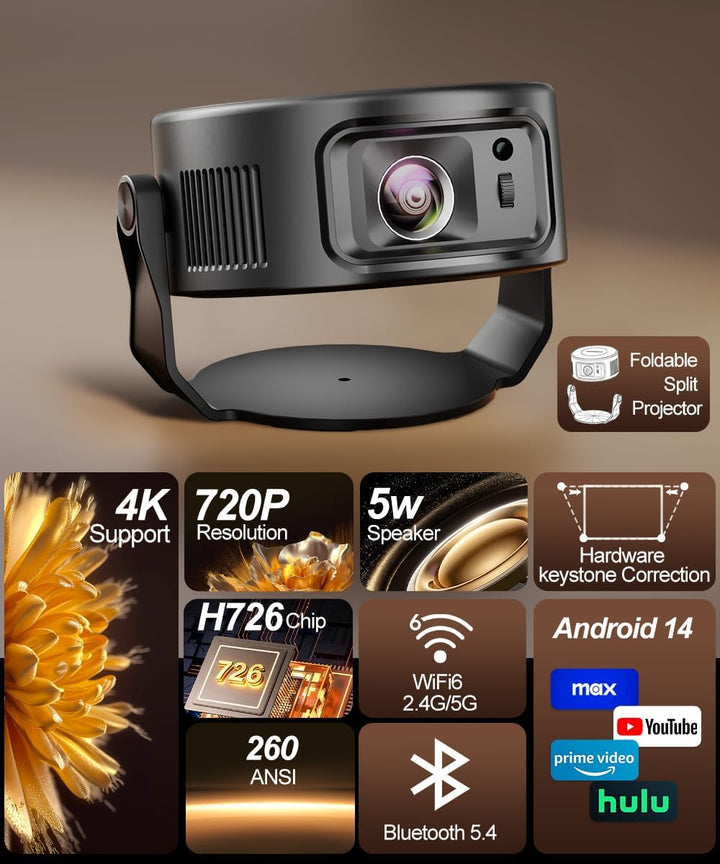 Magcubic Mini Beamer 4K, 360°+35° Foldable Split Projector, 260 ANSI Wi-Fi 6 und Bluetooth 5.4, Auto