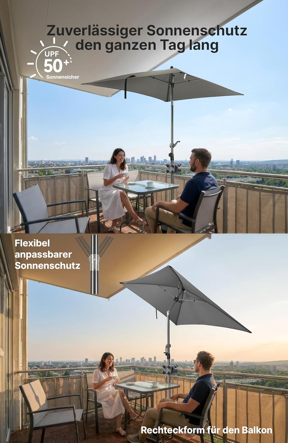 4smile SunnyShade Sonnenschirm Balkon mit Halterung im 3-er-Set, UV 50+, 200x125 cm, Anthrazit, Sonn