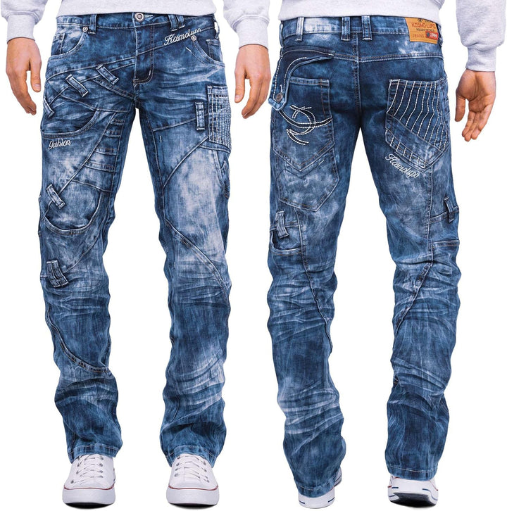 Herren Jeans Regular Fit 5-Pocket mit Knopfleiste | Kontrastnaht in Weiss und Orange, Mehrfach-Zippe