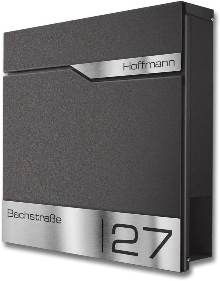 Metzler moderner Briefkasten DB703 Eisenglimmer personalisiert mit Edelstahl-Namensschild, modern, a