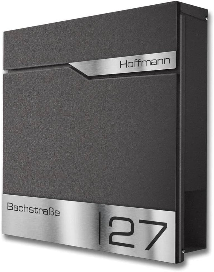 Metzler moderner Briefkasten DB703 Eisenglimmer personalisiert mit Edelstahl-Namensschild, modern, a