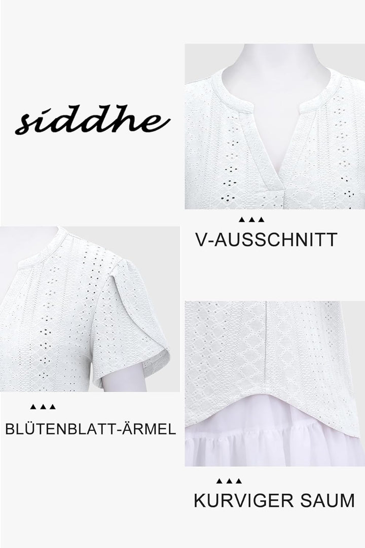Siddhe Damen Bluse Kurzarm T-Shirts V-Ausschnitt Elegant Lässig Tunika Oberteil Locker Longshirt M (