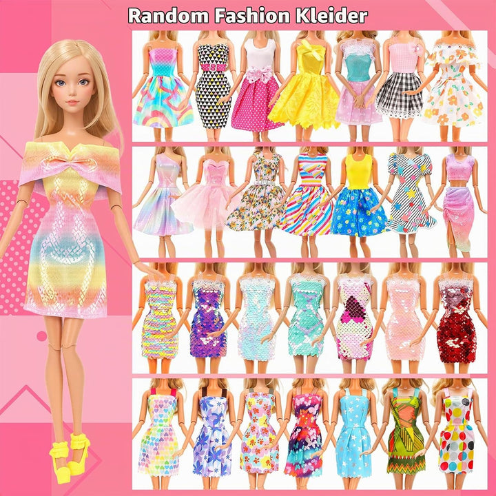 82 Stück Puppenzubehör 5 Abendkleider 3 Outfits 8 Kleider 2 Badeanzüge 15 Schuhe und 49 Puppenzubehö