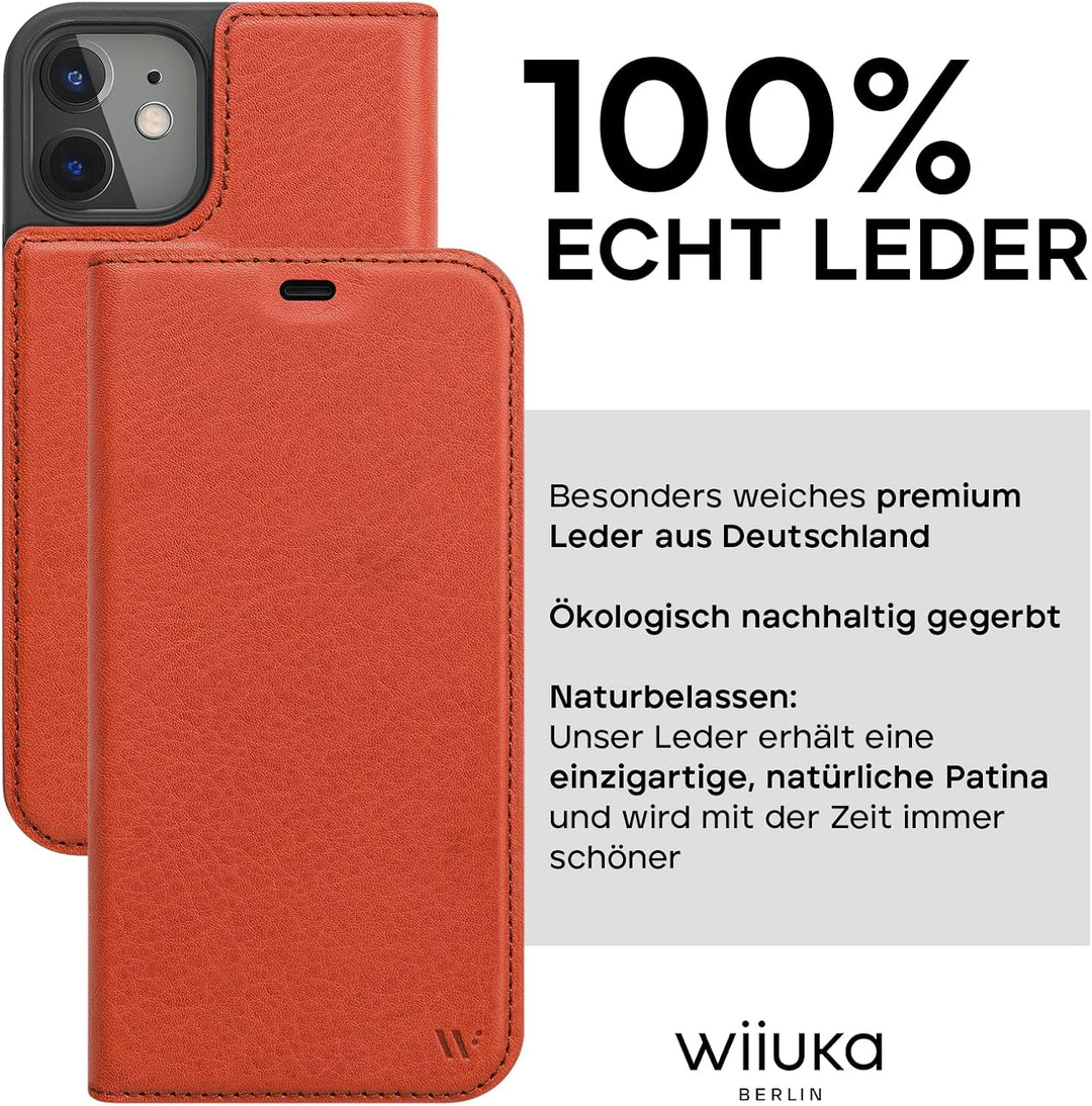 WIIUKA Hülle für iPhone 12 Mini, Lederhülle, Deutsches Premium Leder, mit Kartenfach, extra Dünn, Ha
