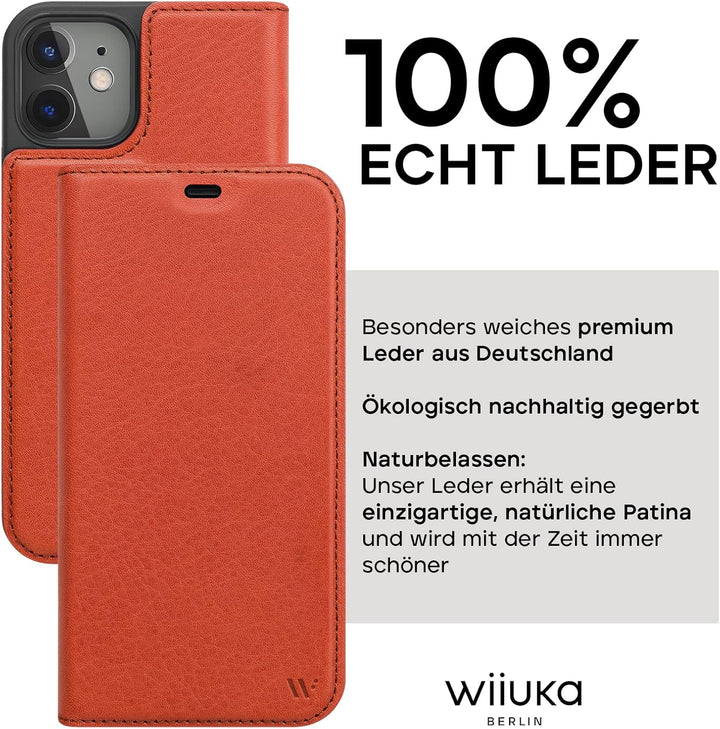 WIIUKA Hülle für iPhone 12 Mini, Lederhülle, Deutsches Premium Leder, mit Kartenfach, extra Dünn, Ha