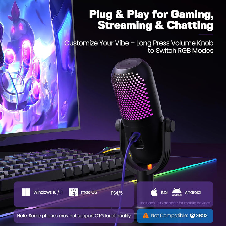 USB Mikrofon PC Gaming RGB: Microphone PC Schwarz - Gaming Zubehör PS4 & PS5 - Gaming Mic mit Stumm