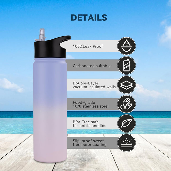 Edelstahl Trinkflasche - 750ml - mit Strohhalm,Auslaufsicher,Kohlensäure Geeignet,BPA frei Thermosfl
