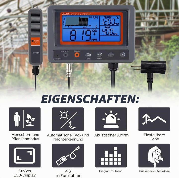 CO2 Controller Kohlendioxidregler CO2-Messgerät Monitor Tag und Nacht Relais Funktion, NDIR CO2 Sens