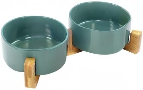 SPUNKYJUNKY Keramik Doppel Futternapf mit Bambus Ständer für Katzen und Hunde (850ml, Grün) Türkis D
