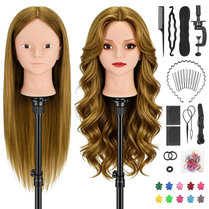 TwoWin Friseurkopf mit Haaren, 26 Zoll (66 cm) 80% Echthaar Mannequin Kopf, Make-up Übungskopf, Trai