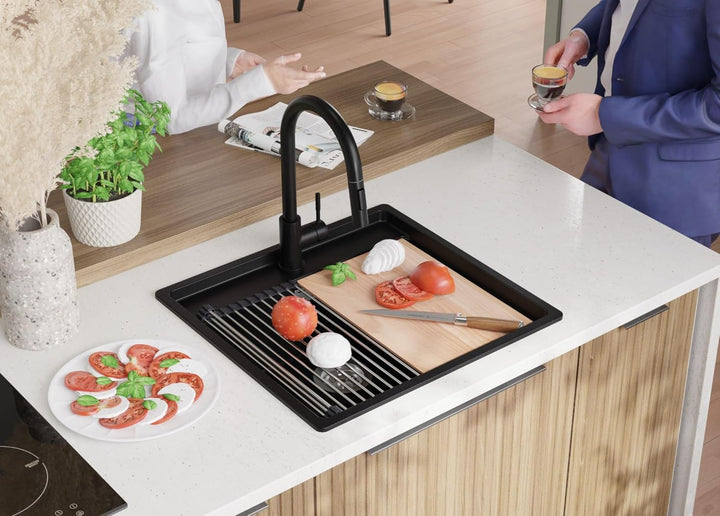 PRIMAGRAN Granitspüle Schwarz 56x53cm, Eckspüle 1 Becken + Ablauf-Set + Küchenarmatur 32x20cm, Küche