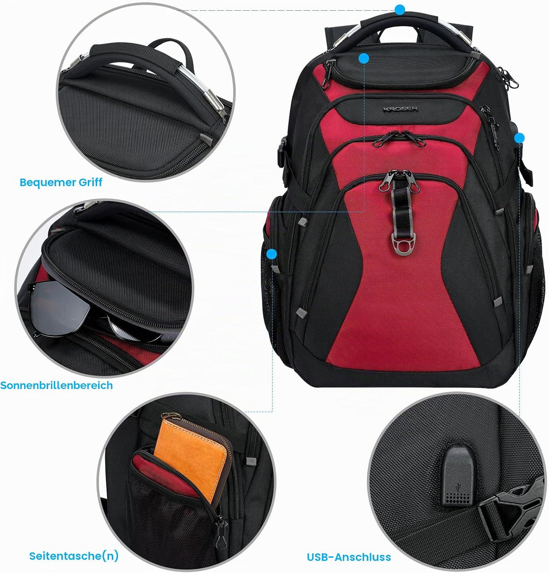 KROSER Laptop Rucksack Herren 18.4 Zoll Reise XXL BusinessRucksack Schwerlast Wasserdicht mit Hartge