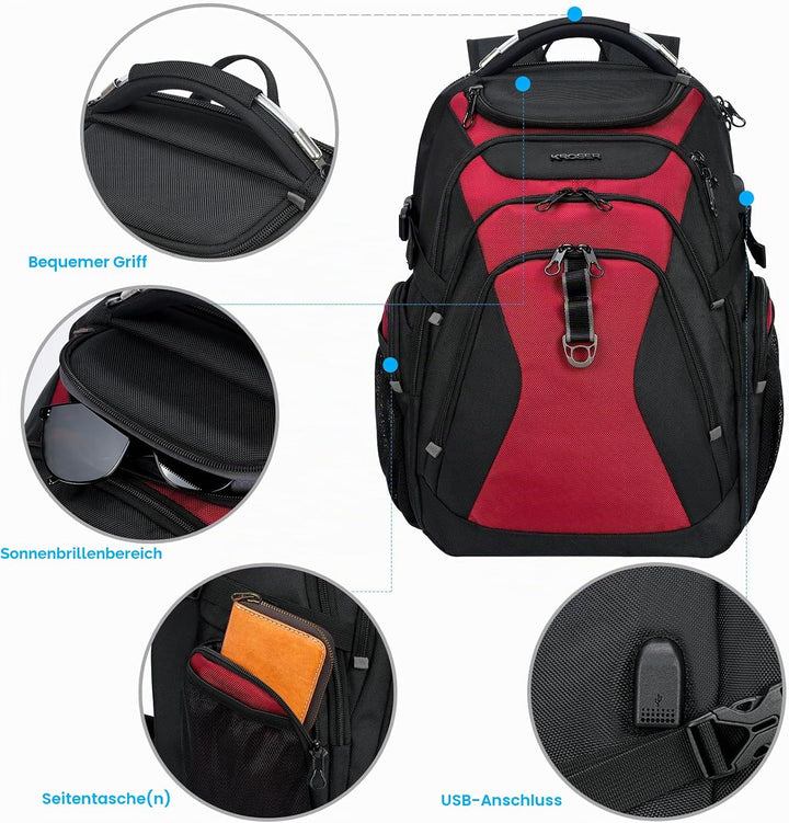 KROSER Laptop Rucksack Herren 18.4 Zoll Reise XXL BusinessRucksack Schwerlast Wasserdicht mit Hartge
