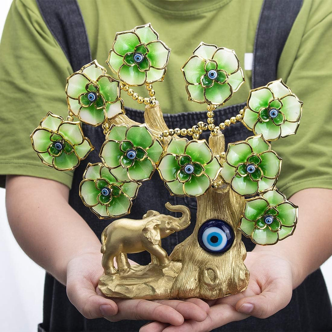 YU FENG Türkischer blauer böser Blick, goldener Glücksbaum mit Elefantenfigur und grünen Blumen für