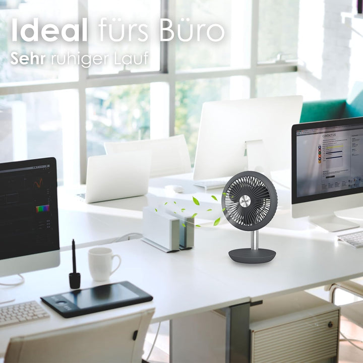 Tischventilator sehr leise | Kabellos | 4000 mAh Akku | Ventilator | 90° neigbar | Schreibtischventi