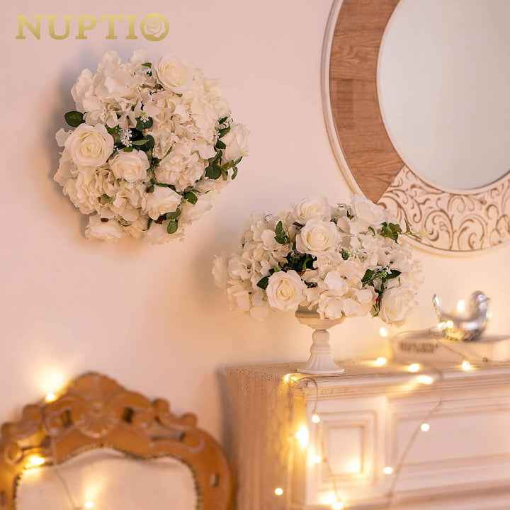 NUPTIO Blumenkugel Arrangement Strauss 10 Stück 40cm Durchmesser Weiss Gefälschte Blumen Rosen Kugel