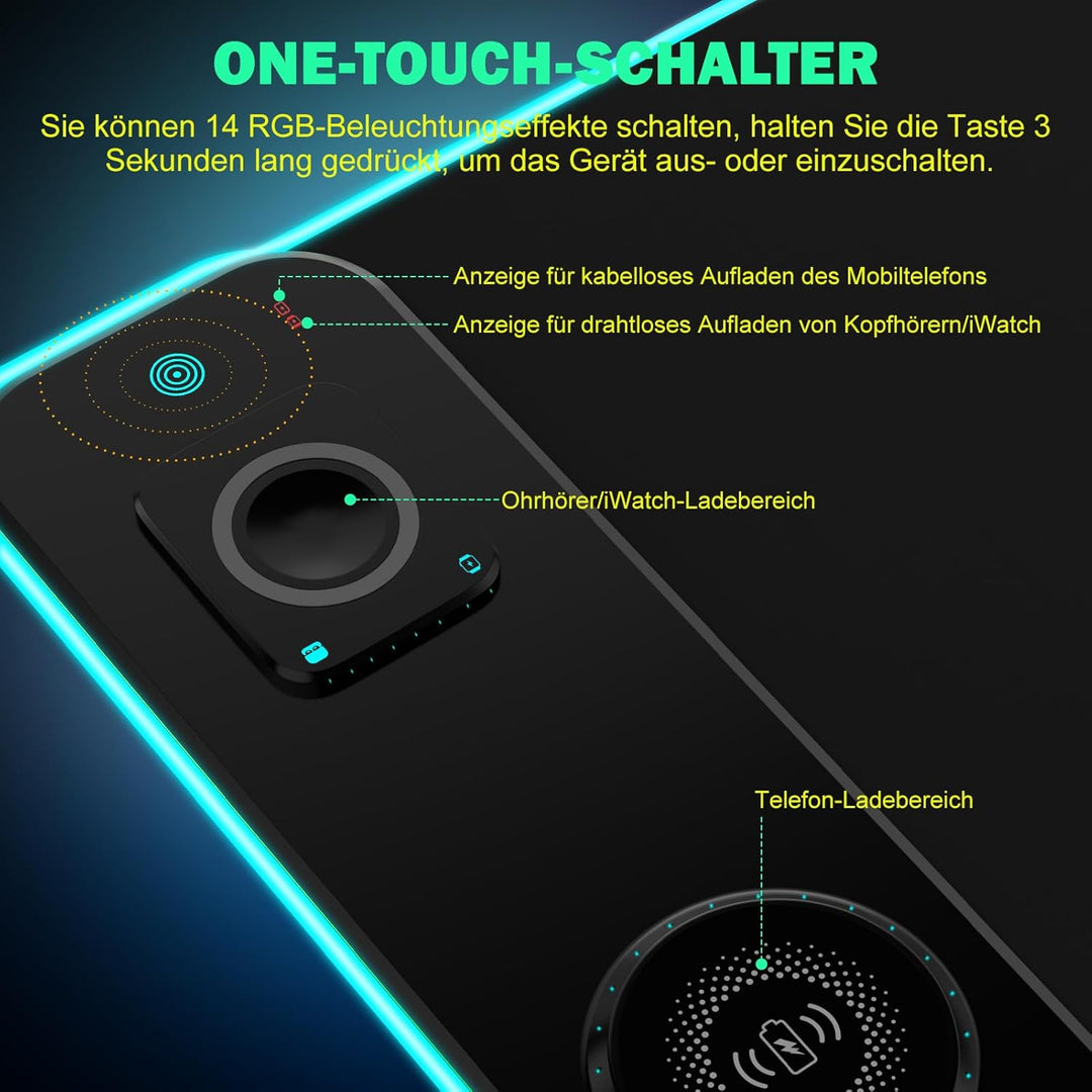 RGB Gaming Mauspad 15W Qi Mousepad LED, 10 Beleuchtungsmodi mit 15W Schnellladung Qi Kabelloses Lade