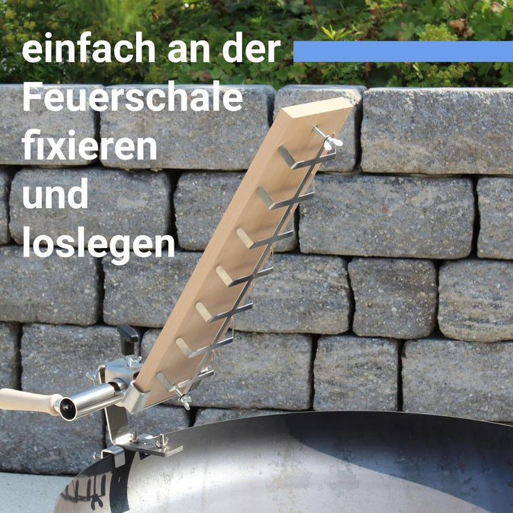 Premium Flammlachsbrett für Feuerschale, Flameboard & Halterung passt auf jede Feuerschale, stufenlo