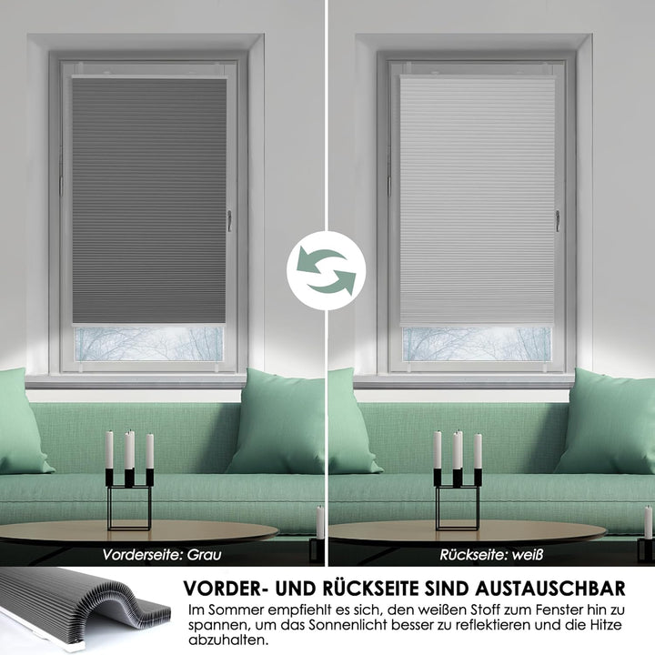 bobodeco Wabenplissee Plissee ohne Bohren Verdunkelung Klemmfix Thermo Verdunklungsplissee, Grau-Wei