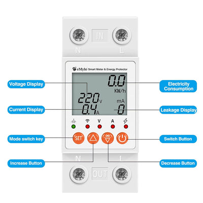 eMylo Smart WIFI Energiemessgerät, Einphasiger DIN-Schienen LCD-Digitalzähler, Leckage-Schutzschalte