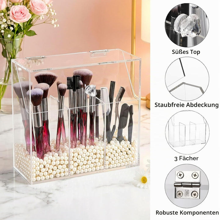 Okllen Make-up-Pinselhalter mit Staubdichtem Deckel, Weisse Perlen, Transparenter Acryl-Make-up-Pins