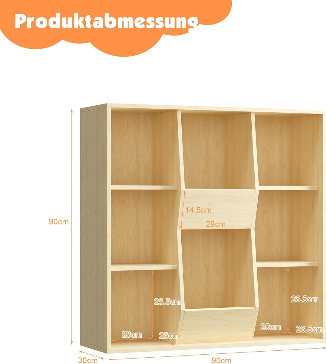 NACHES Bücherregal Kinder Bücher Aufbewahrung 90 x 30 x 90cm (Weiss) (Natur) | , Kinderregal mit 8 O