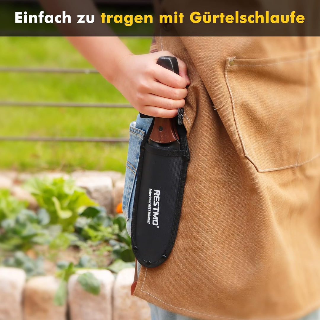 RESTMO Hori Hori Gartenmesser, Doppelseitige Edelstahlklinge mit Sägezahnung, Tiefenskala & Nylonsch